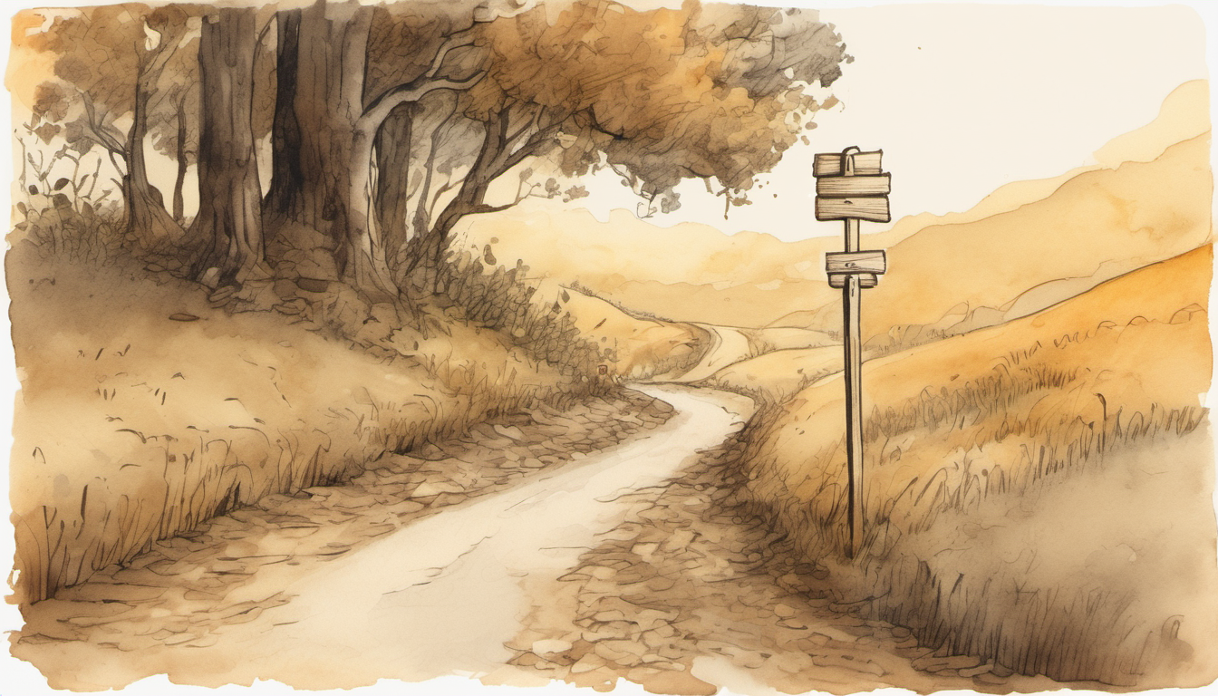 A watercolor of a fork in a country path at a signpost, one road steep and heavy, the other light and easy.