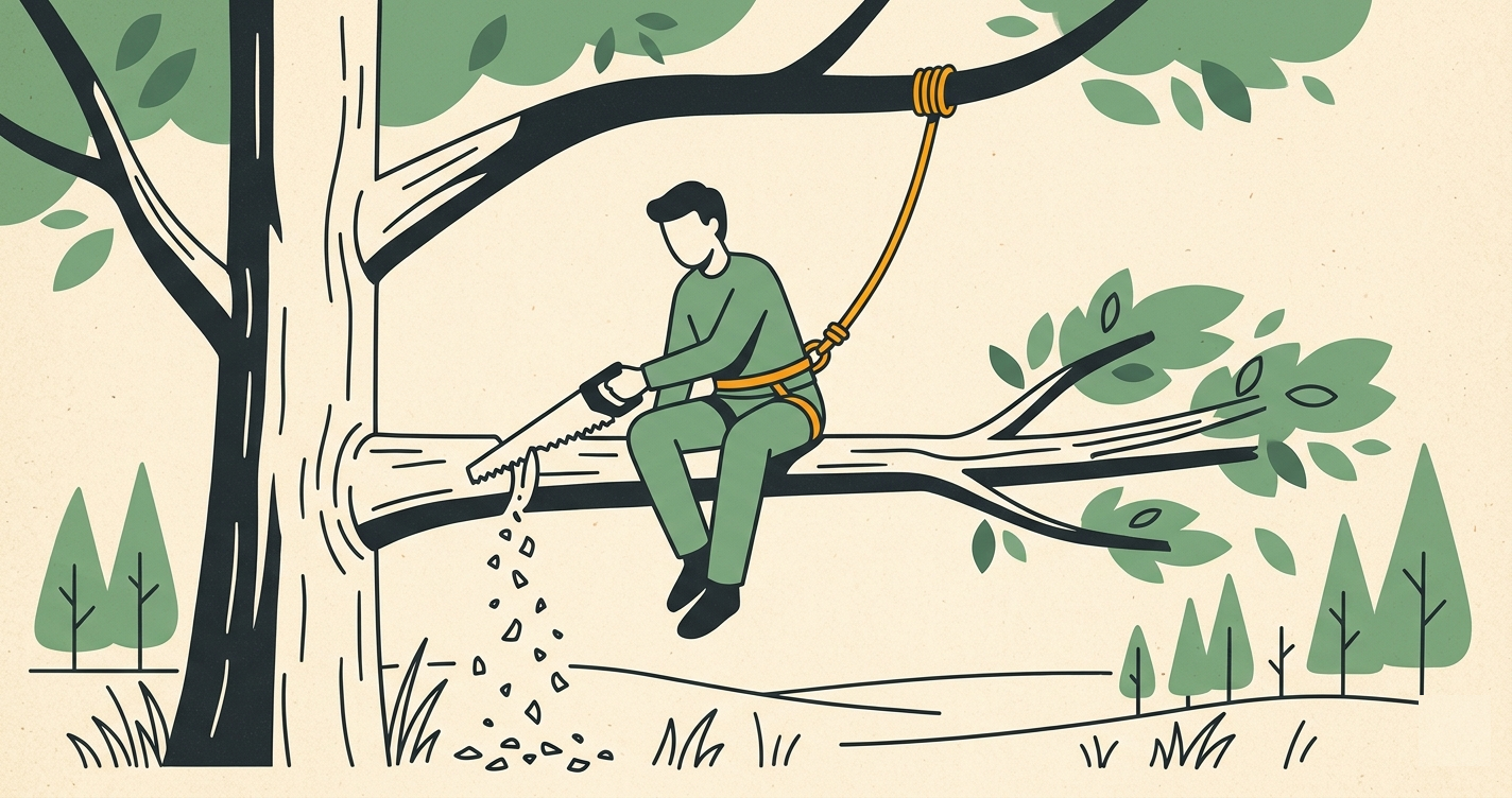 A person calmly sawing the tree branch they're sitting on, held by a safety rope — no real peril