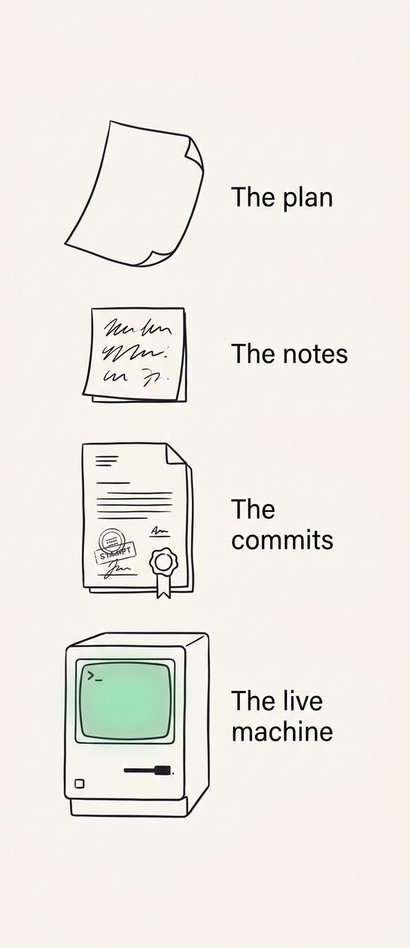 A vertical ladder of trust — a loose sheet (the plan), a scribbled note, a sealed document (the commits), and a glowing computer (the live machine) at the base; each more solid than the one above, the machine the only fully real thing.