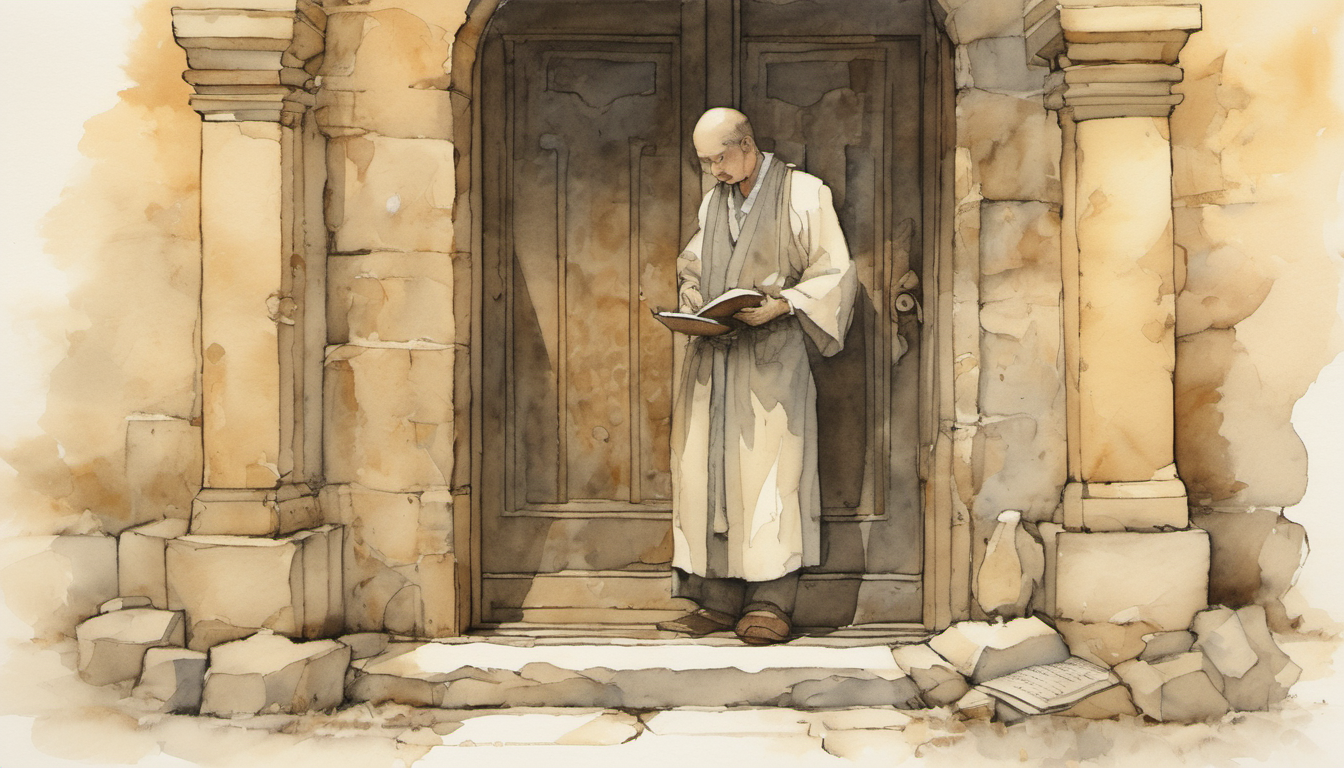 A watercolor of a calm doorkeeper with a ledger at a doorway, turning away anyone whose name is not on the row.