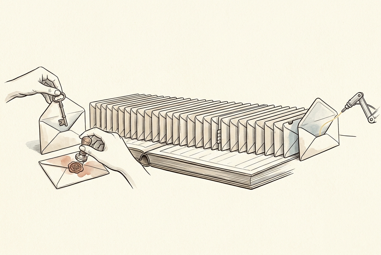 A key sealed into a wax-stamped envelope and filed into a long row of identical sealed envelopes; at the far end one is opened for a small machine to read.