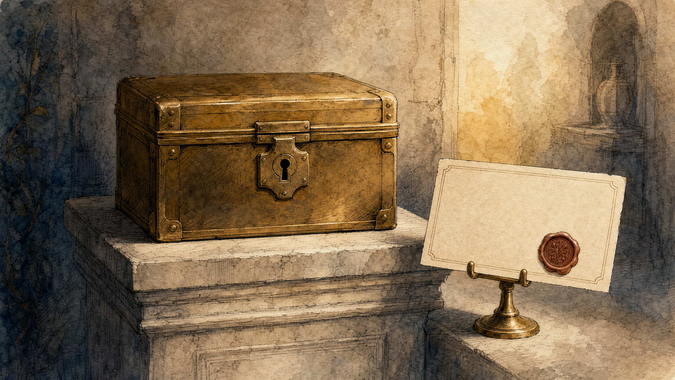 A sealed strongbox with a catalogue card describing the key beside it — but no key present