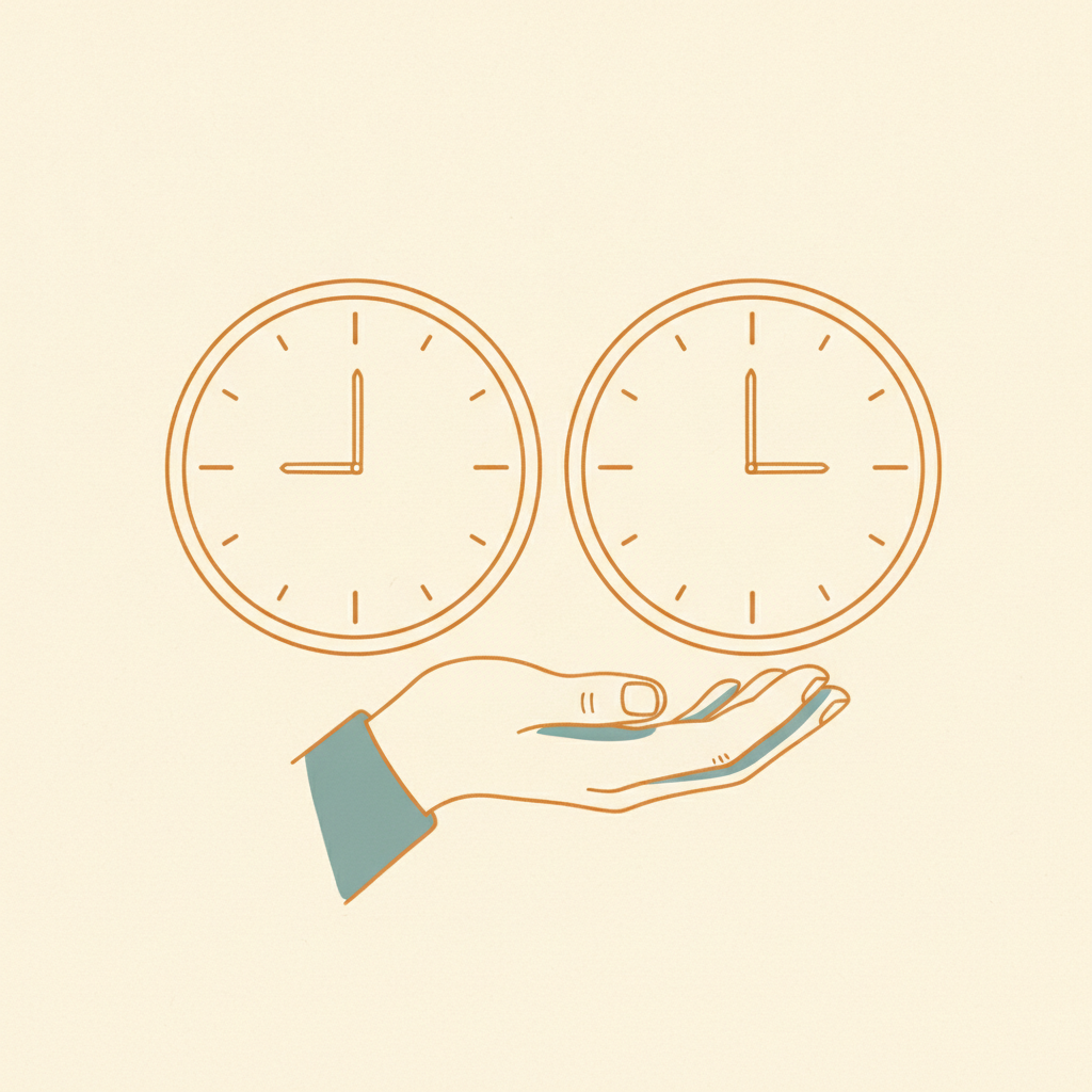 Two wall clocks showing different times, held in an open cupped hand that keeps both instead of merging them into one