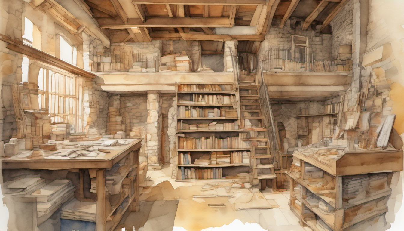 A watercolor cutaway of two floors: a light, busy workshop above and a heavy stone vault foundation below, joined by a short stair.