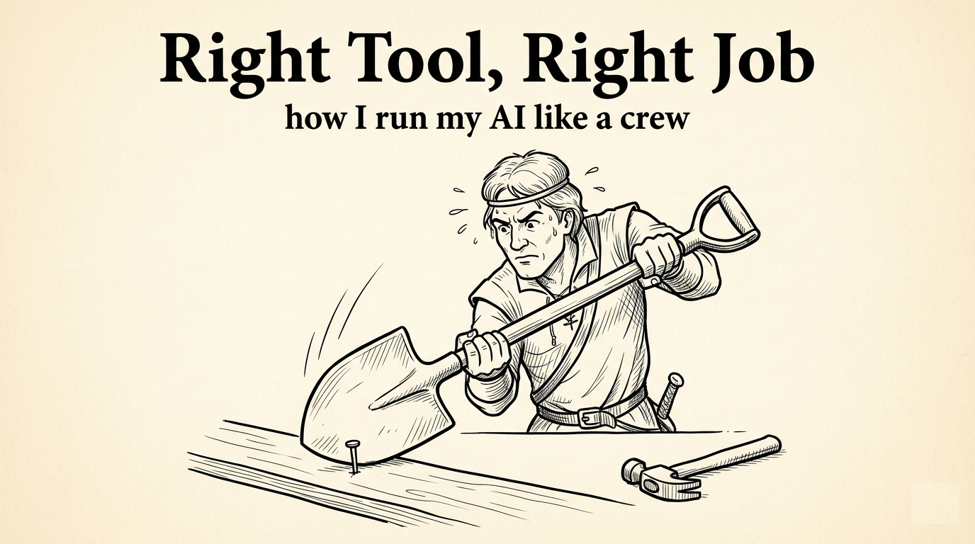 Pen-and-ink construction worker shouldering a shovel, with the title 'Right Tool, Right Job — how I run my AI like a crew' overhead