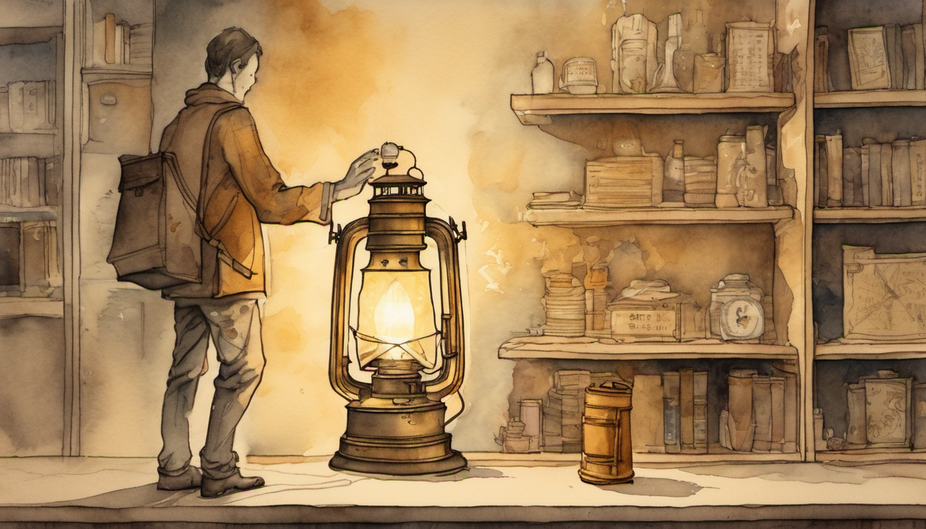 A watercolor of a figure holding a lantern up to a warmly glowing running machine, a closed dusty ledger ignored on the shelf behind.