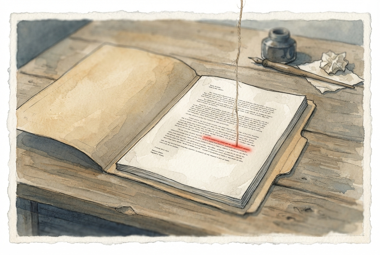 An open folder of ordinary text with one line inked warning-red and a puppet string rising from it — an instruction hiding in plain text.
