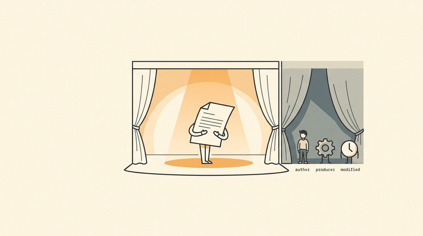 A theater: a document takes a bow in the spotlight while the author, software, and timestamp that made it stand unseen in the wings