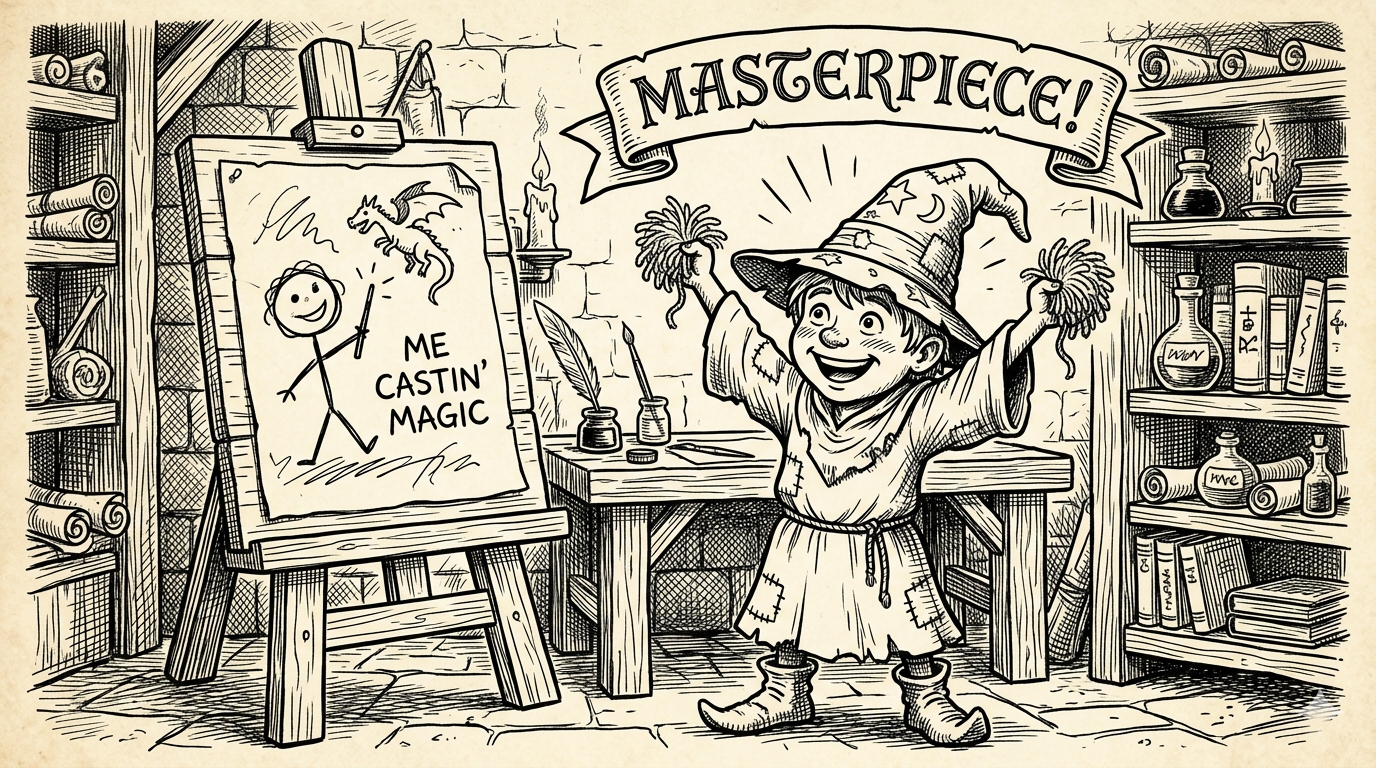 An enthusiastic apprentice wizard mid-cheer in front of an easel showing a crude stick-figure drawing labeled 'ME CASTIN' MAGIC', a banner overhead reading 'MASTERPIECE!' — earnest praise of bad work