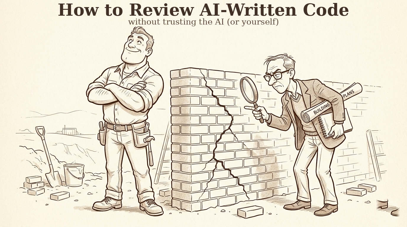 Pen-and-ink: a proud builder beside a brick wall, blind to a jagged crack, while a very different inspector leans in with a magnifying glass and blueprint and points right at it.
