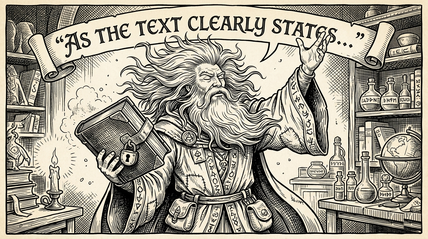 An old wizard with wild flowing hair gesturing dramatically while holding a closed book, a banner overhead reading 'AS THE TEXT CLEARLY STATES…' — confidently citing a source he hasn't actually read