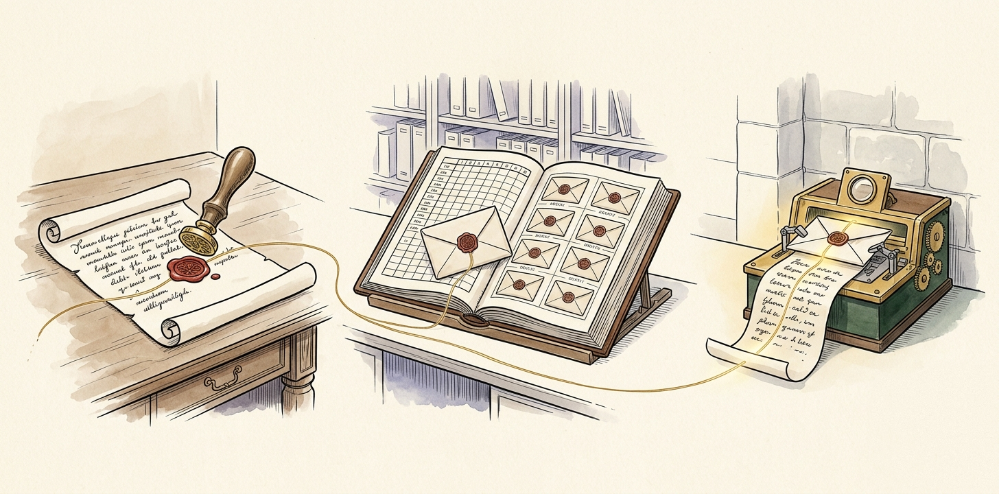 Left to right: a plaintext note pressed under a wax seal; the sealed envelope filed into a ledger of versioned copies; and at a machine the sealed envelope opening back into the readable note — sealed, stored, decrypted only at the point of use.