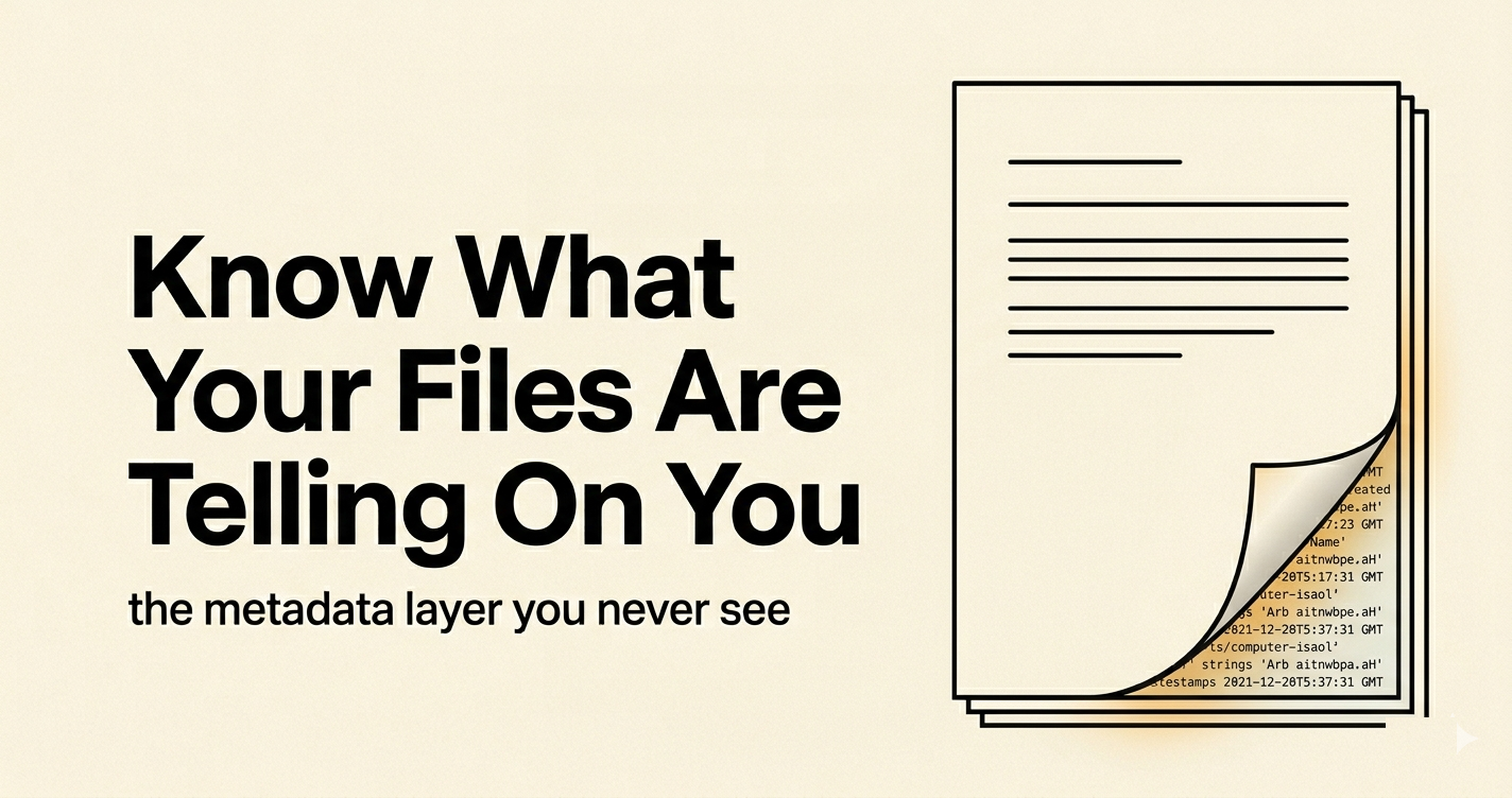 A document with its corner peeled up, revealing rows of metadata — author names, software, timestamps — fossilized in the layer beneath