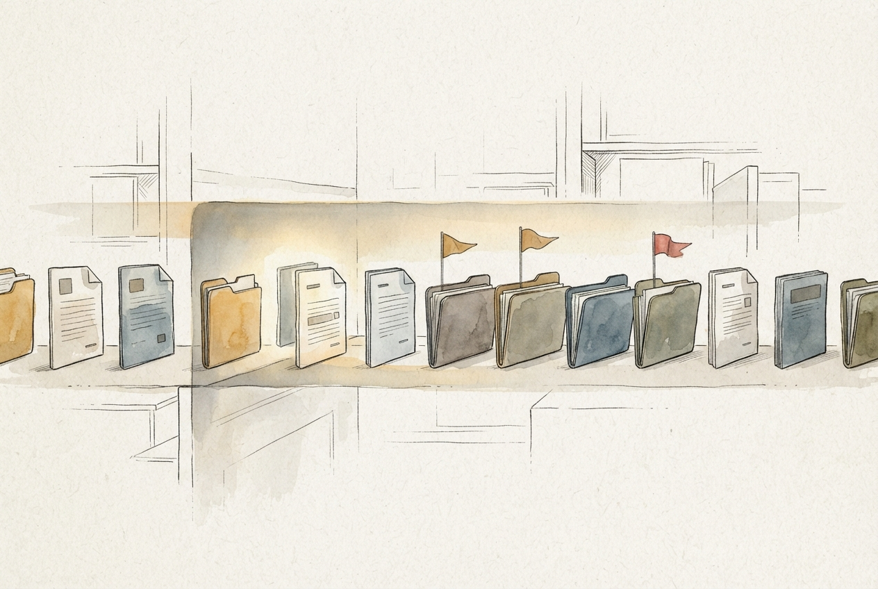 A row of files passing under a calm scanning beam; a few raise small warning flags while the rest pass clean — triage before opening.