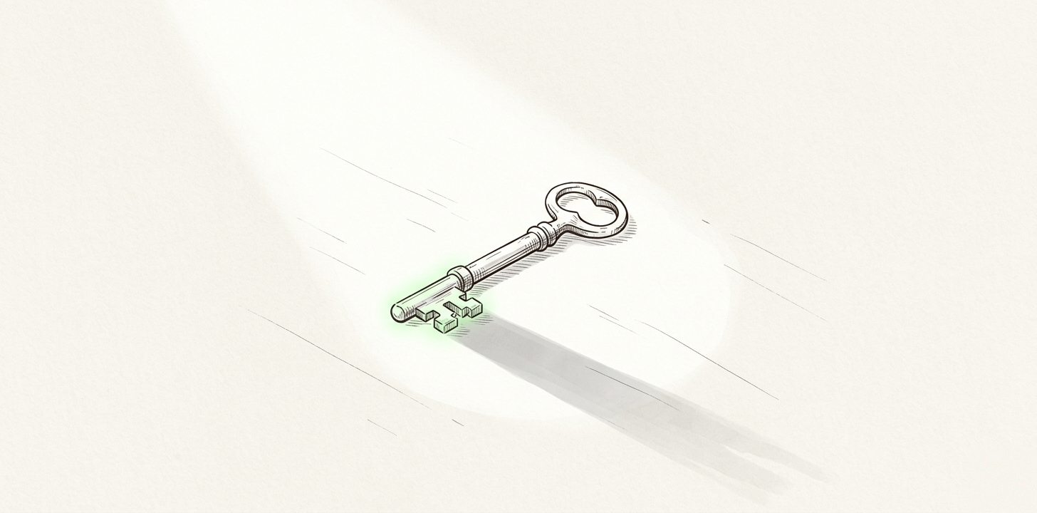A single old key lying alone in empty space, its teeth glowing faint green, casting a long shadow — the one credential that unlocks everything, and the only copy of it.