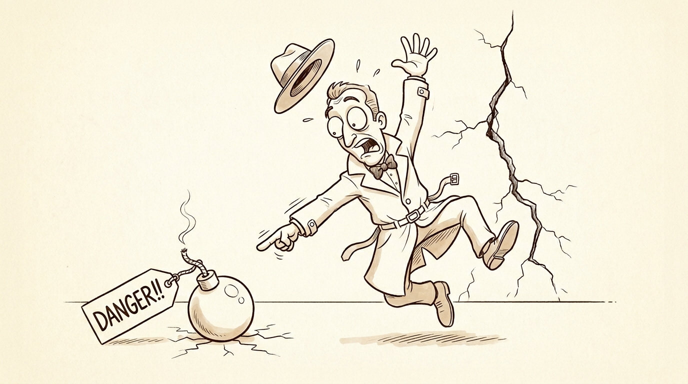 Pen-and-ink: an inspector leaping back from a harmless dud bomb tagged 'DANGER!!', blind to the real crack running down the wall behind him.