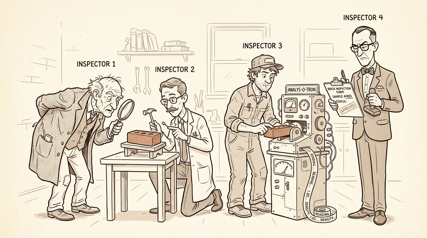 Pen-and-ink: four mismatched inspectors each checking the same brick a different way — magnifying glass, tapping hammer, measuring contraption, stern bureaucrat with a clipboard.