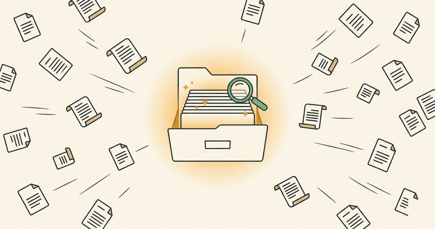 Scattered log files gathering into a single open drawer, a magnifying glass resting on the consolidated pile