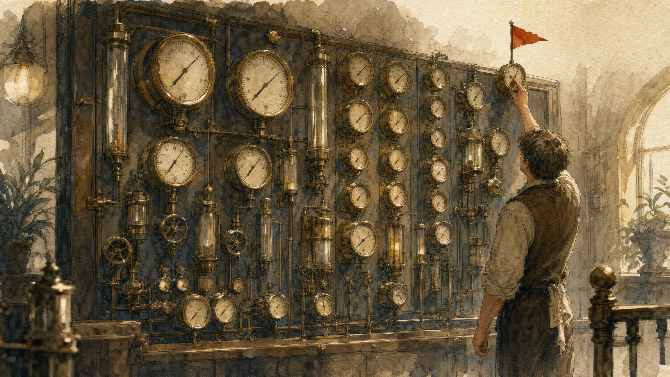 A wall of brass gauges, one honest red flag raised, a figure inspecting it by hand
