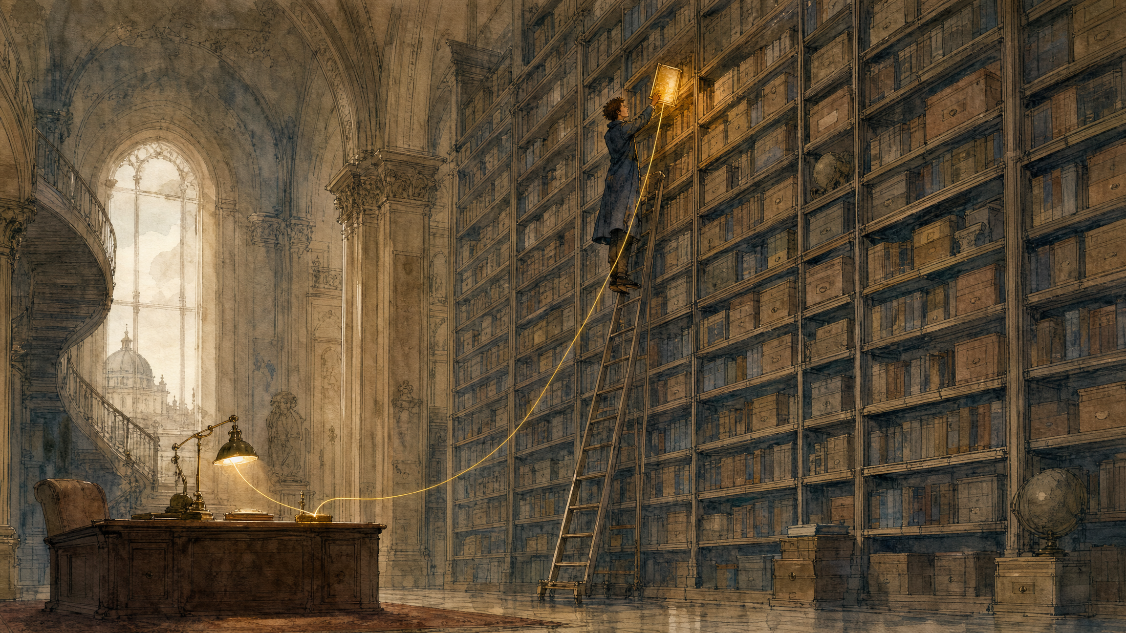 A tall library of past conversations, a figure pulling exactly the right glowing volume off a shelf