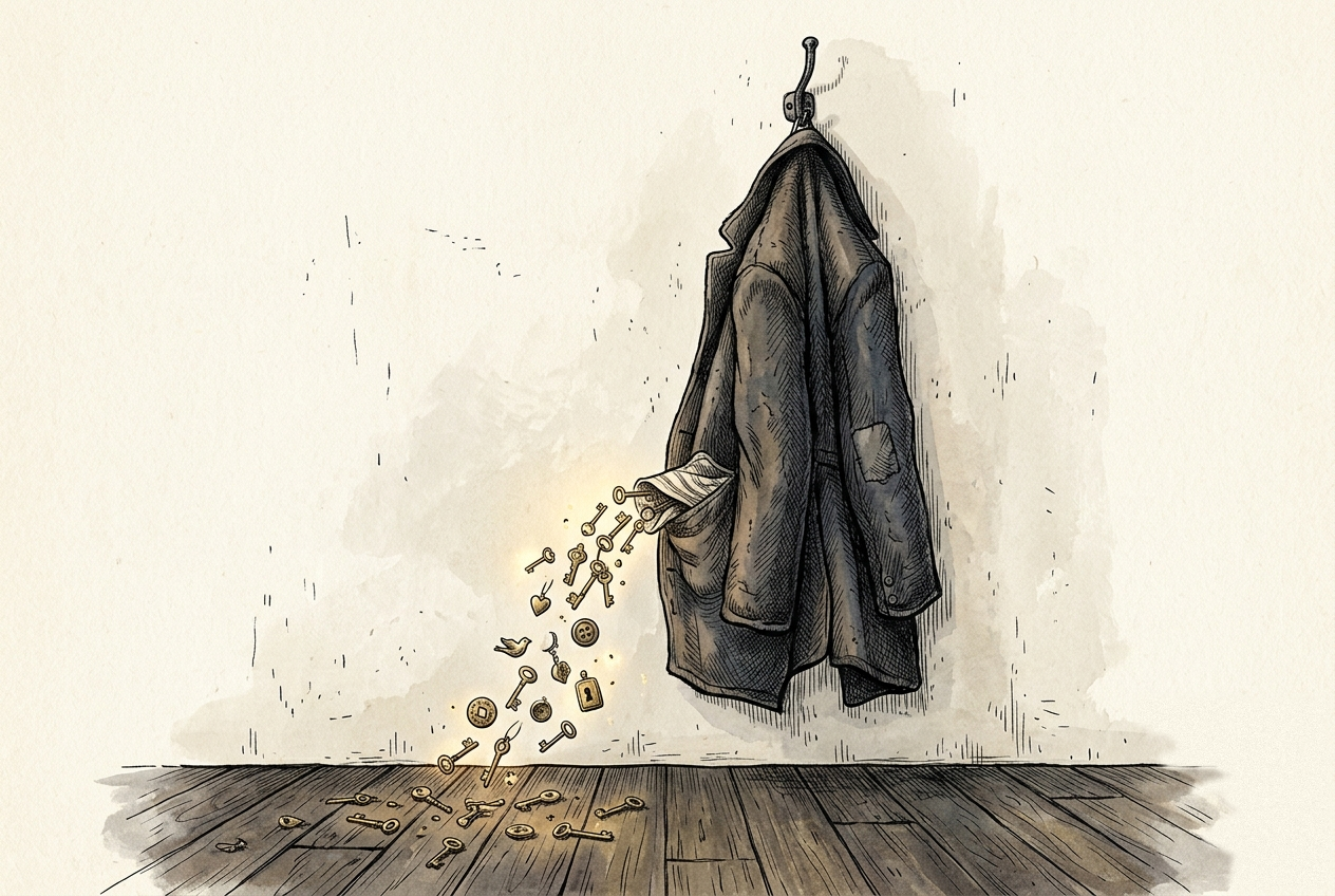 An old coat on a hook, one pocket turned out, small antique keys spilling toward the floor like lint.