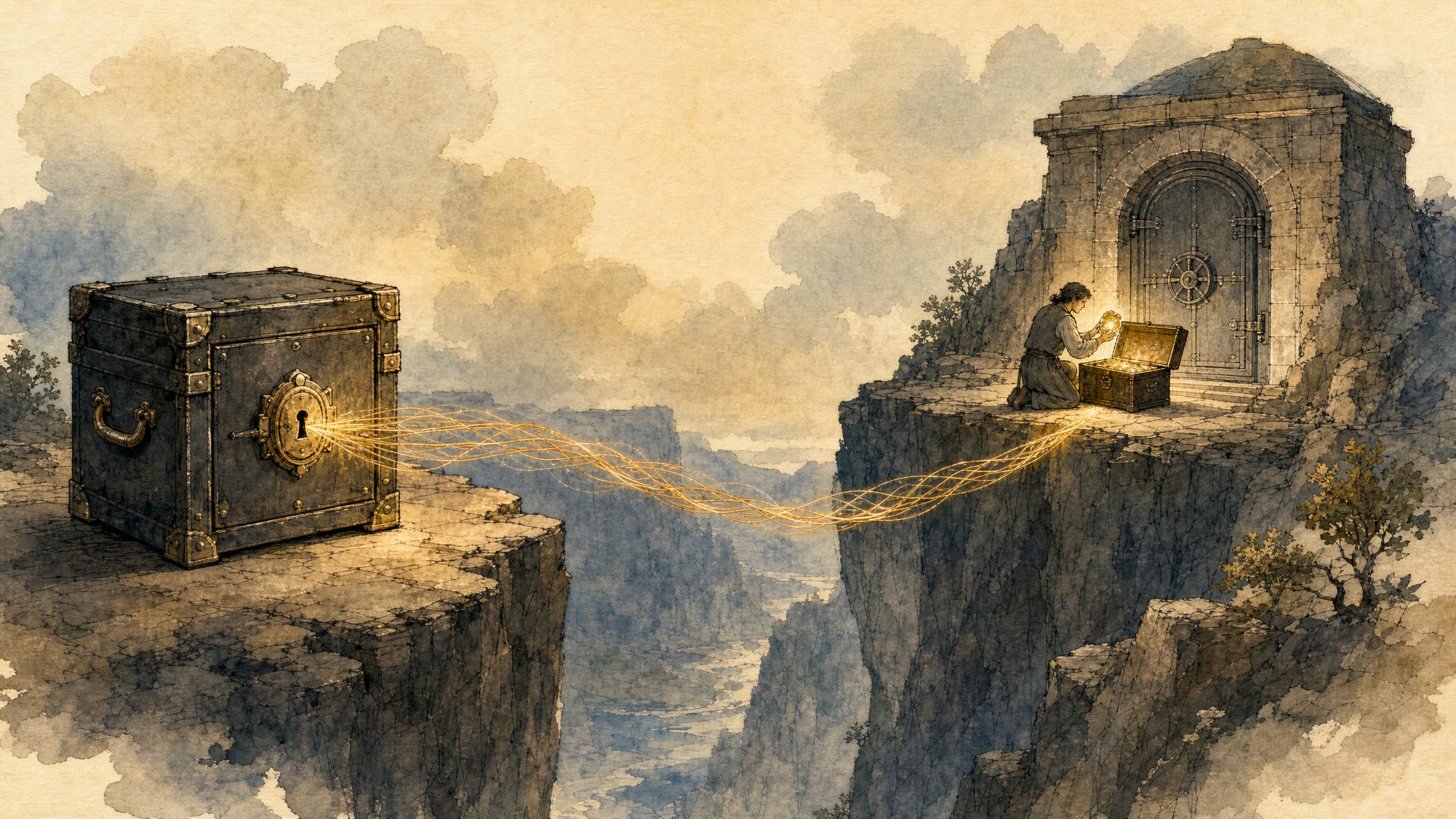 A strongbox copied to a distant vault, a figure opening the copy to check the contents are really there