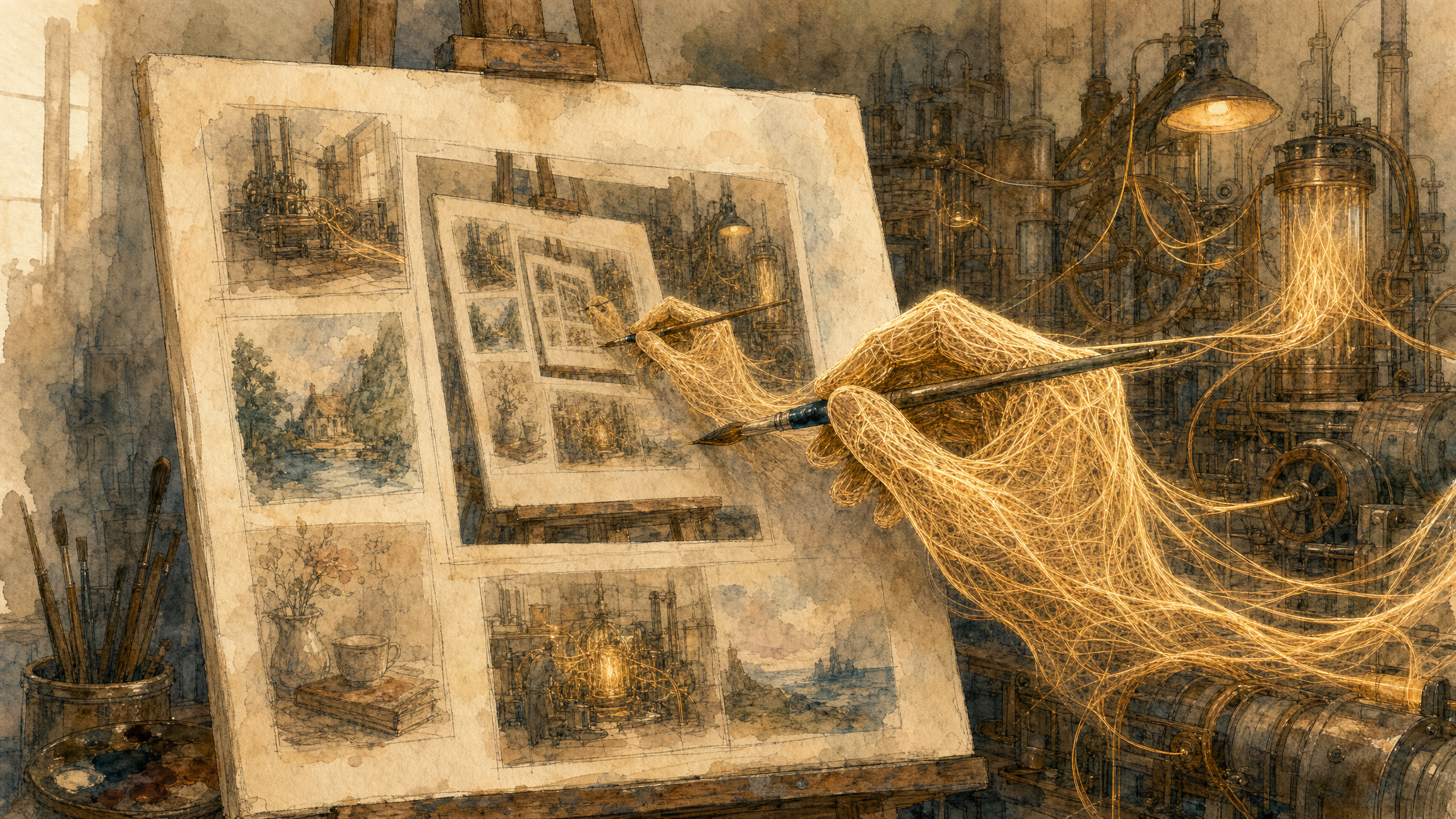 An easel where the painting being finished is this very article; the painter&rsquo;s hand is woven from gold threads