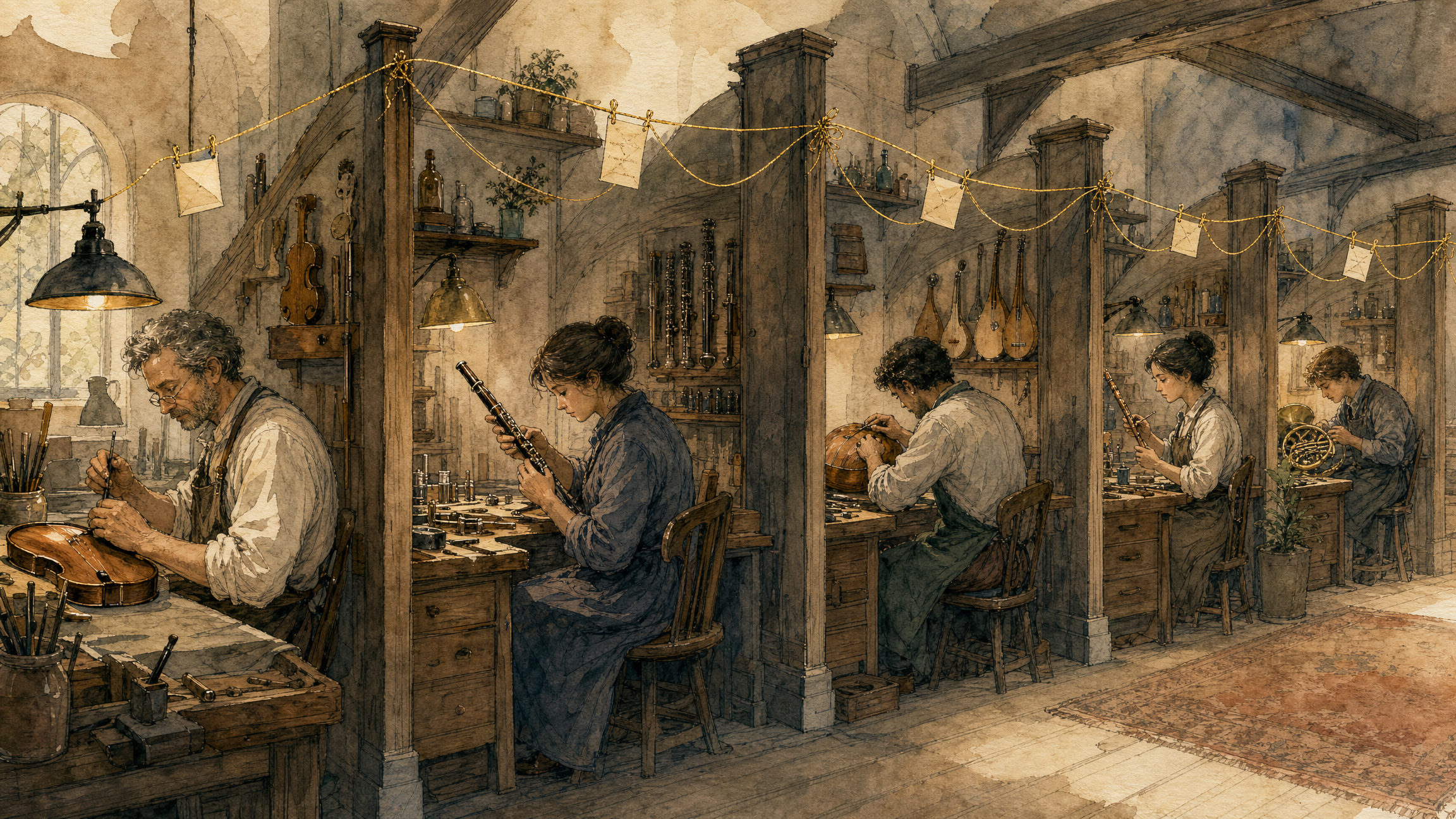 A workshop of specialists at their own benches, notes passing along gold threads, none crossing lanes