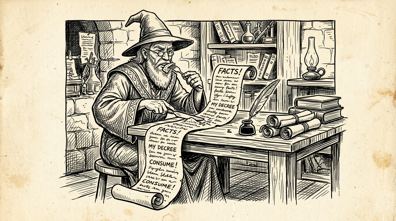 A wizard at his desk earnestly studying a long scroll he wrote himself, labeled 'FACTS!', 'MY DECREE', and 'CONSUME!' — an AI arguing with its own scripture