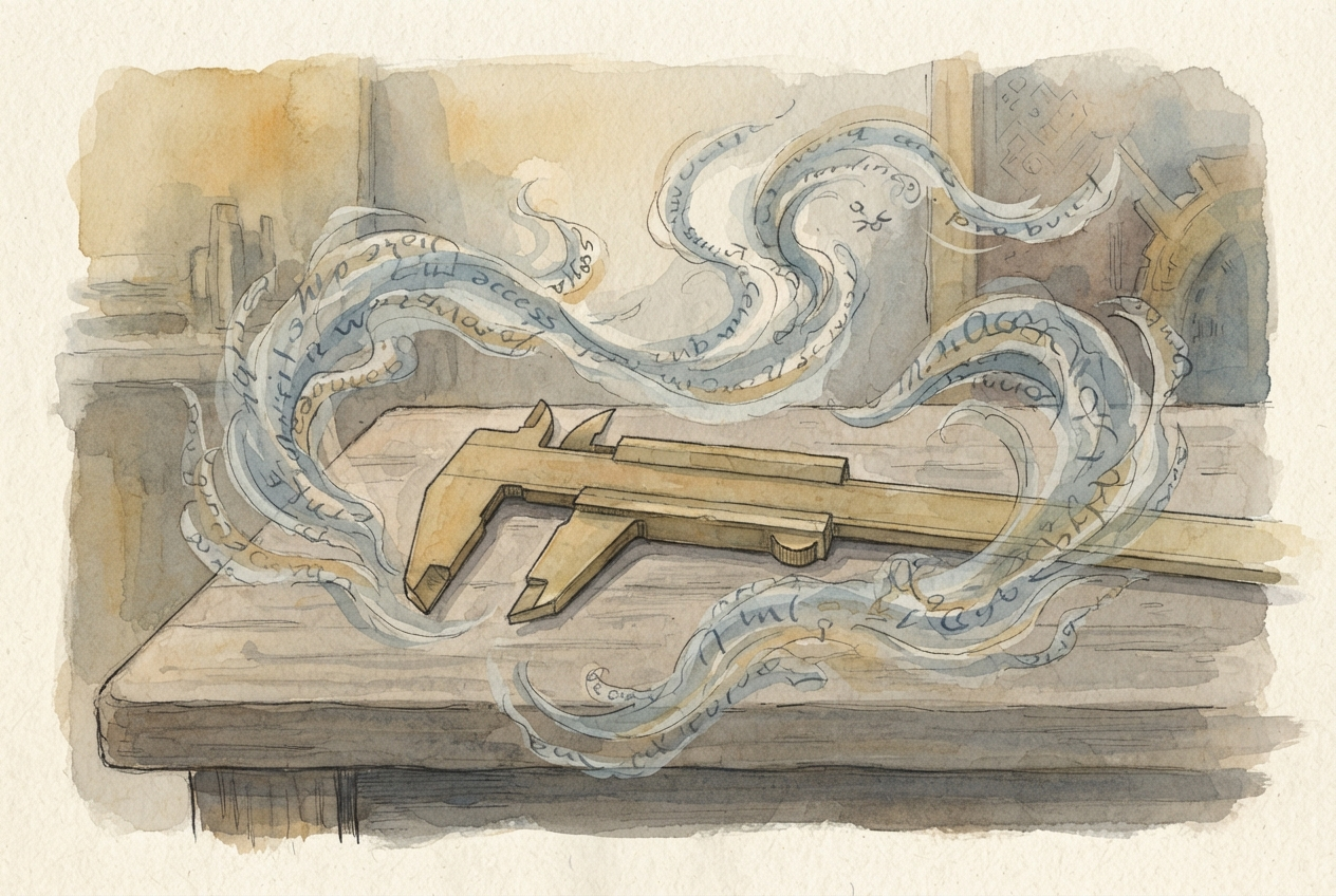 A plain brass measuring instrument sitting unmoved while persuasive words swirl around it — a tool with no mind to fool.