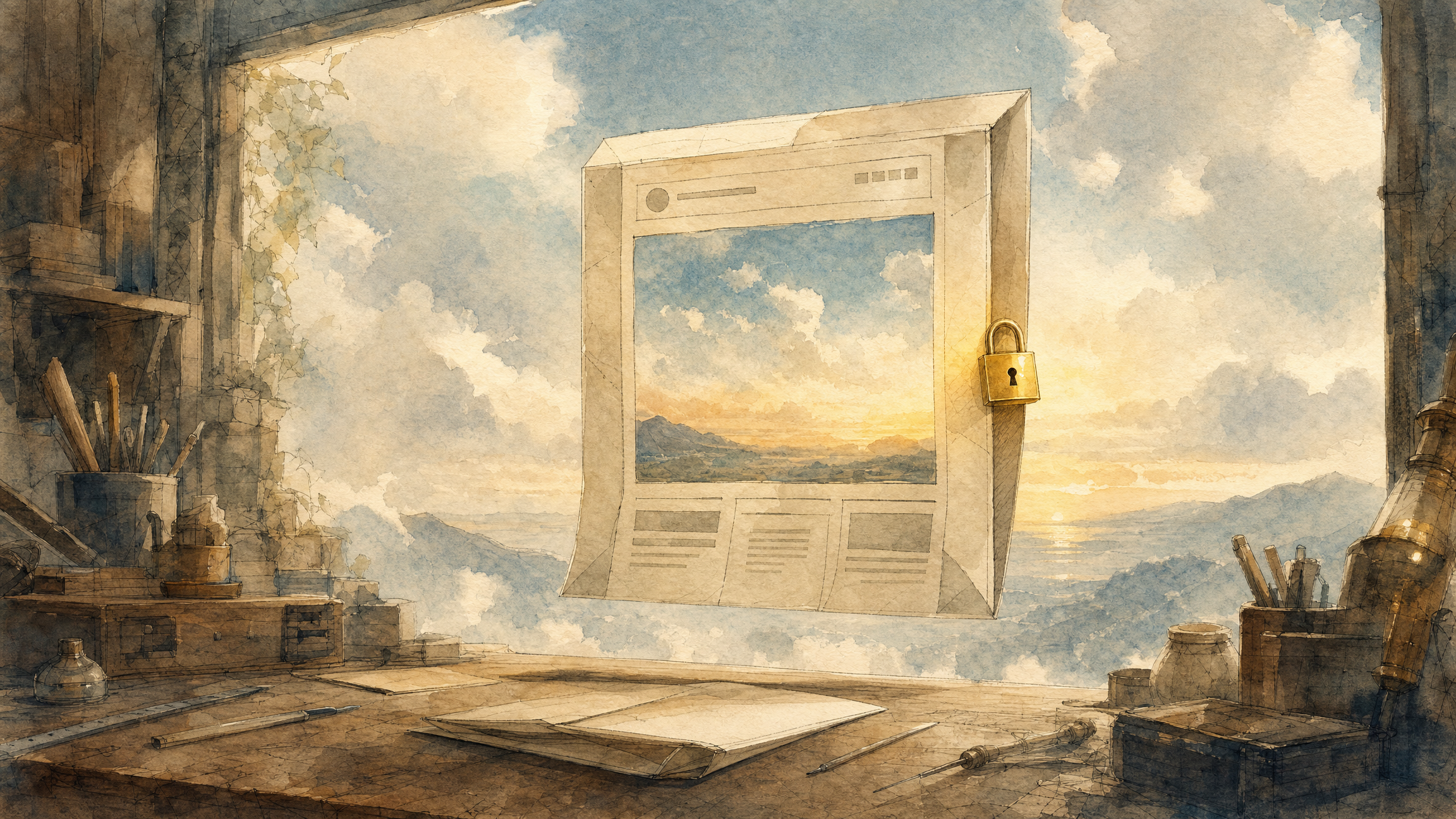 A paper web-page lifting off a workbench, framed on the open internet behind a glowing padlock