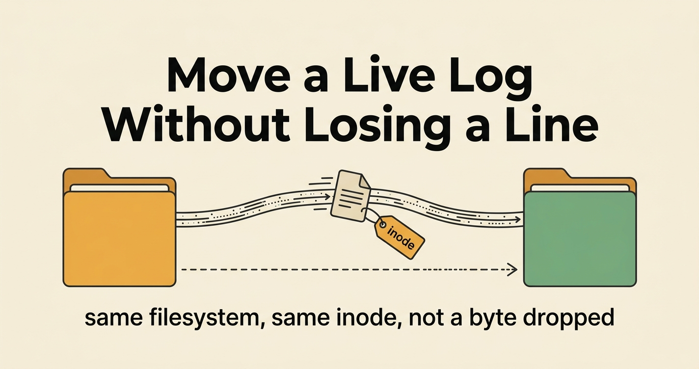A live log file moving between two folders on the same filesystem, its inode tag traveling with it and a symlink pointing back to the old path