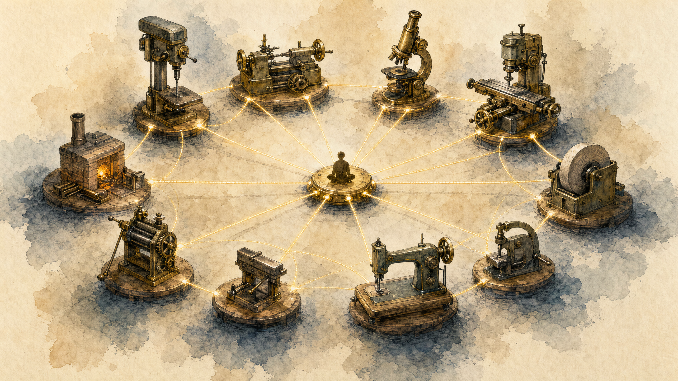 A ring of brass machine-tools all connected by gold threads to a central node with a small human figure