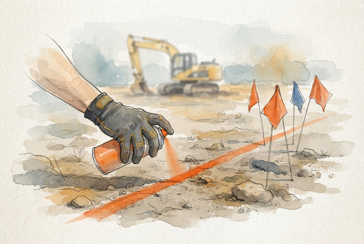 A gloved hand spray-painting an orange locate line on bare dirt beside utility flags, an idle excavator behind — marking the ground before anyone digs.
