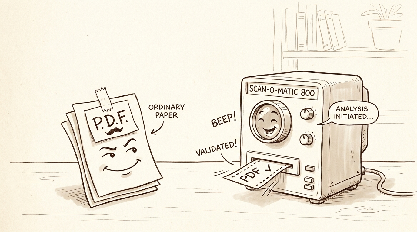 Pen-and-ink: an ordinary document in a flimsy clip-on 'P.D.F.' disguise fooling a boxy SCAN-O-MATIC machine that stamps it 'P.D.F.'