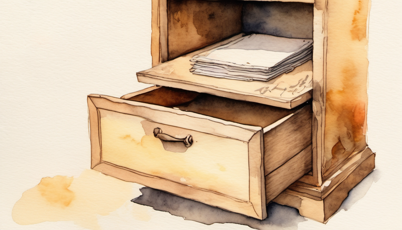 A watercolor of a single empty wooden drawer left open on purpose, a small handwritten card resting beside it.