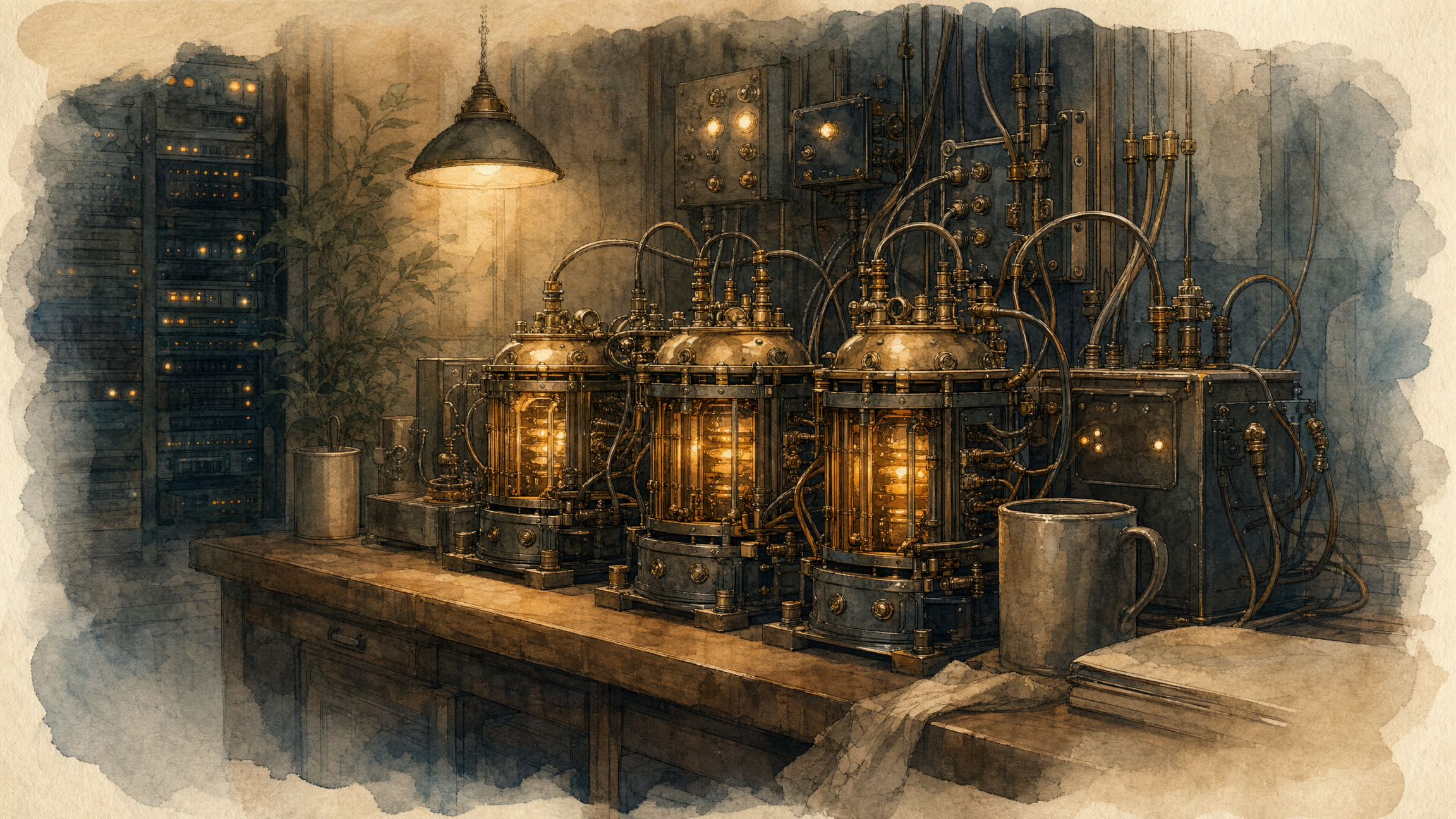 A cluster of warm humming machines wired together — a quiet always-on server room at rest